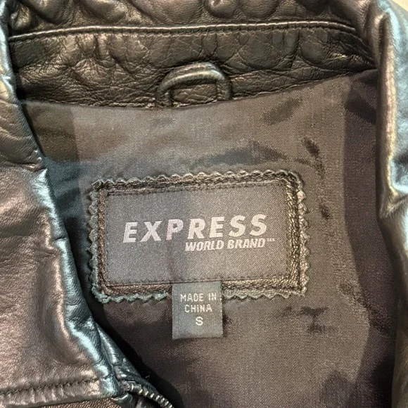 Express Black Genuine Leather Zip Front Jacket Womens Small Y2K Minimal Moto - Picture 6 of 10